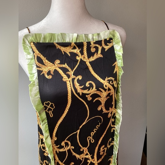 NWT Ganni Black Panel Ruffle Slip Dress, 36, green trim gold chain print - Picture 6 of 12
